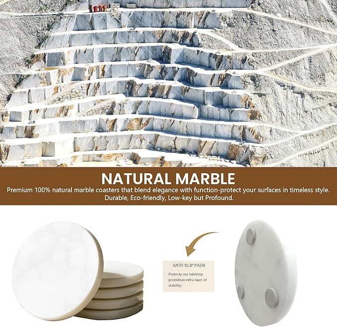 Natural Marble Coasters, Round Costers, Luxury Aesthetic Modern Decor for Coffee Table Bar Kitchen Home, White Marble, Real Natural Semi Absorbent Stone Coasters