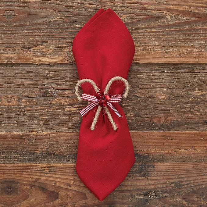 Park Designs Candy Cane Napkin Ring Set of 4 | Rustic Burlap Holiday Napkin Holders with Red Gingham Bow & Festive Bells | 3" H x 3.25" W x 2.5" D | Farmhouse Christmas Table Decor