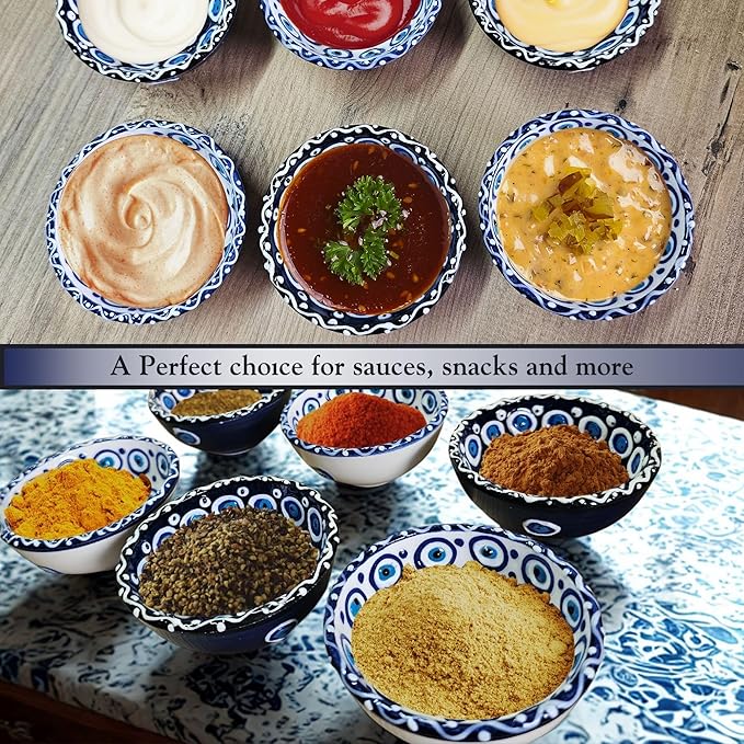 Handmade Decorative Turkish Ceramic Mini Pinch Bowls Set of 6 – Small Dipping & Serving Sauce Bowls, Charcuterie Accessories, Hand-Painted Evil Eye Pattern Snack Dishes for Kitchen & Table Decor