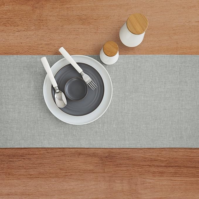 Solino Home Linen Table Runner 108 Inches Long - Athena, 100% Pure Linen Chambray Grey Table Runner 14 x 108 Inch for Dining