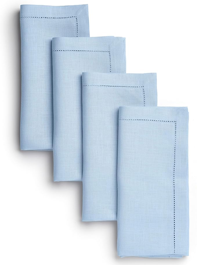 D'Moksha Homes Powder Blue Linen Napkins Set of 4 - Classic Hemstitch 100% Pure Linen Dinner Napkins Cloth 20 x 20 Inch for Spring, Easter - Handcrafted and Machine Washable