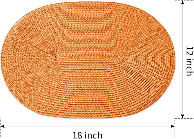 FunWheat Oval Braided Placemats Set of 6 Table Mats for Dining Tables Woven Washable Non-Slip Shining Place mats12x18 Inch Table mats for Indoor Outdoor Use(Oval Orange, 6pcs)