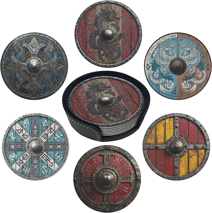 Viking Shield Coasters Leather Round Drink Coasters 6 Pcs Set with Holderor for Cup Drink Coffee Table Bar Home Decor