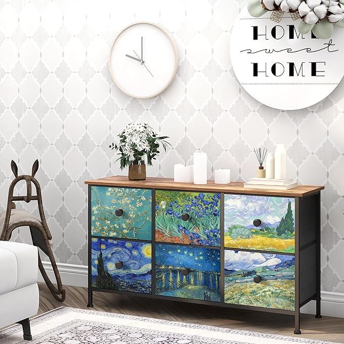 EXOTICA 6 Drawer Dresser for Bedroom Van Gogh Chest of Drawers Wide TV Stands Fabric Storage Drawer Unit for Living Room Entryway Closet Sturdy Steel Frame Wood Top