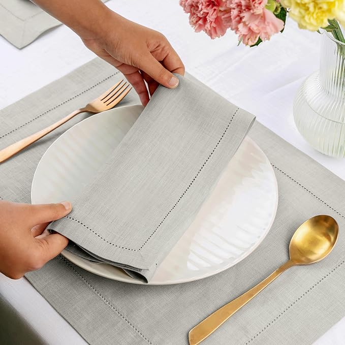 D'Moksha Homes Silver Grey Linen Napkins Set of 4 - Classic Hemstitch 100% Pure Linen Dinner Napkins Cloth 20 x 20 Inch for Spring, Easter - Handcrafted and Machine Washable