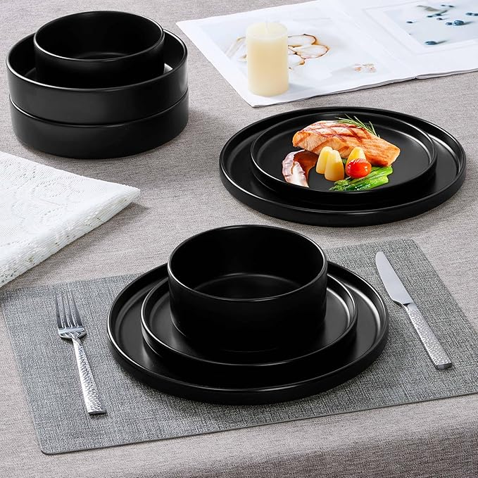 Herogo Dinnerware Sets with Pasta Bowls for 4, 16 Piece Dinner Salad Plates and Cereal Serving Bowls, Stoneware Dishes Dinner Ware for Home Kitchen, Chip & Scratch Resistant, Matte Black