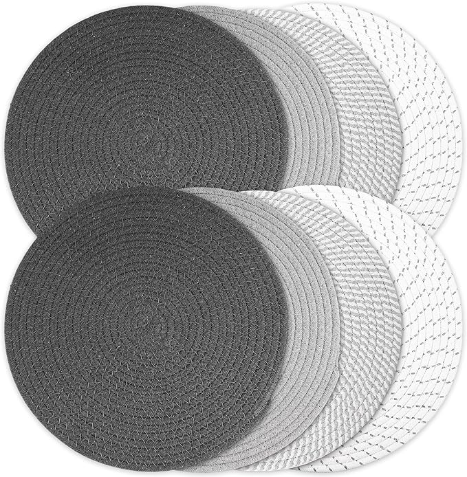 Kochorie Set of 8 Round Woven Cotton Placemats, 13 Inch Boho Table Mats for Kitchen and Dining Table, Farmhouse Heat Resistant Washable Trivets, Fall Thanksgiving Christmas Décor (Mixed Gray)