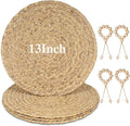 13” Woven Round Placemats Set of 4, Natural Water Hyacinth Braided Table Mats with 4 Wood Bead Napkin Rings, Washable Boho Farmhouse Rattan Place Mats for Home, Outdoor, Table Decor, Dinning, Wedding