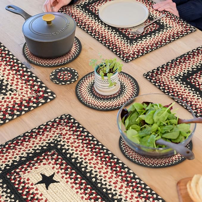 Homespice Primitive Star Gloucester Jute Braided Trivets for Table - Set of 6, Round 8", Black & Red - Rich Colors, Easy to Clean, Durable and Protects Furniture