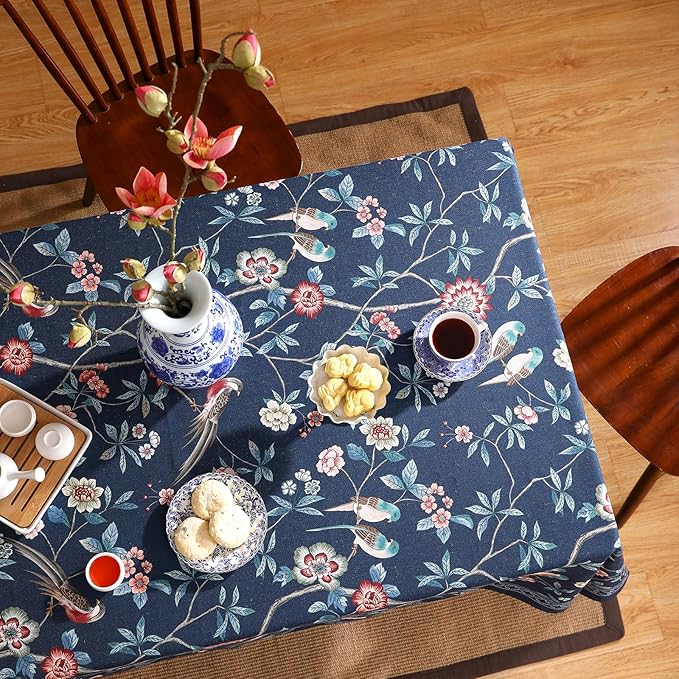 patdrea Designer Dark Blue Linen Rectangle Tablecloth,Vintage Navy French Floral and Birds Pattern Table Cloth,Decoration Table Cover for Kitchen,Dining,Tea Party,Home,Christmas,55"*71"