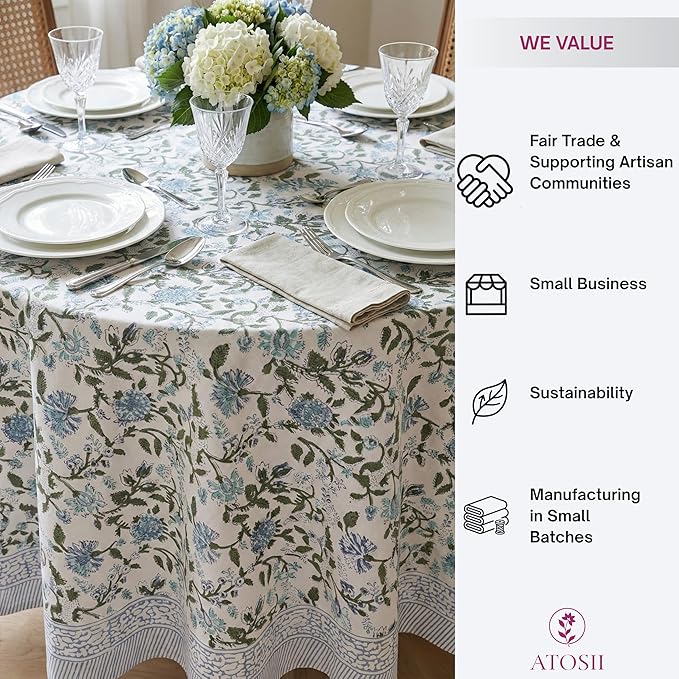 ATOSII Mahoka Blue 100% Cotton Round Tablecloth, Block Print Floral Table Cloth for Dining, Parties, Weddings, Outdoors, Holidays I 60" Inches I Grandmillennial Farmhouse Boho Spring Summer