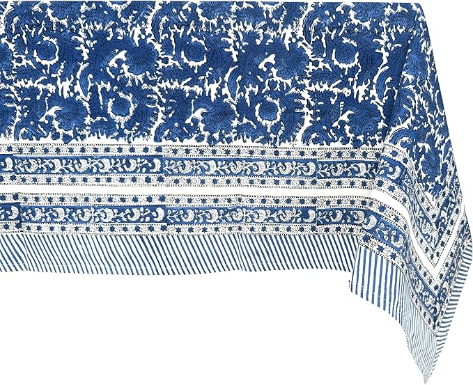 ATOSII Paradise Blue 100% Cotton Rectangle Summer Tablecloth, Handblock Floral Print Linen Table Cloth for Kitchen Dining I Parties, Weddings, Outdoors, 60 X 108 Inches I 8 Seater