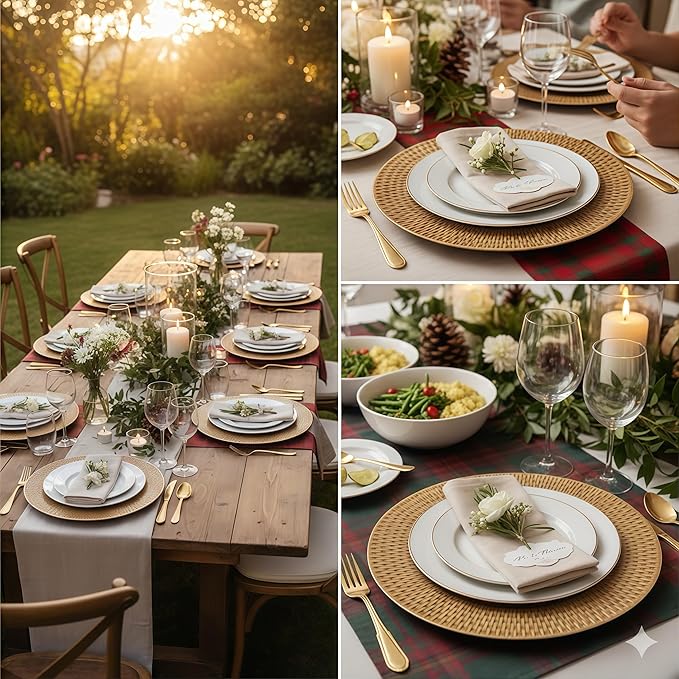 13 Inch Antique Gold Charger Plates Set of 6 Round Plastic Plates Matte Finish Faux Rattan Woven Texture Charger plates for Wedding Party Christmas (537)