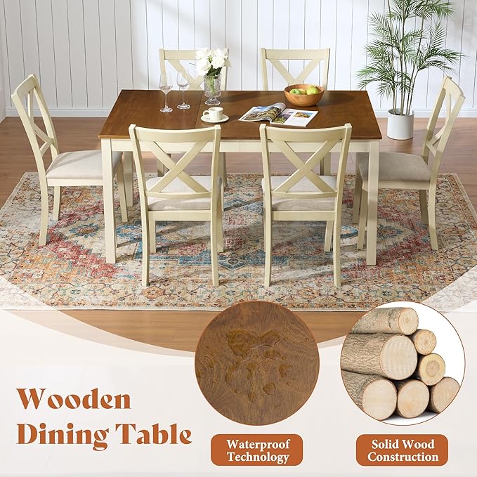 AMERLIFE 7-Piece Farmhouse Solid Wood Dining Table Set with 6 Upholstered Chairs, 60" Space Saving Dinner Table & Chairs Set, for Dining Room, Kitchen, Restaurant, Rustic Cream