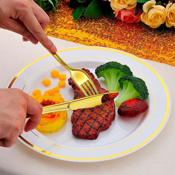 50 PCS Gold and White Plastic Plates for 50 Guests,10.25inch Gold Rimmed White Disposable Plastic Plates for Wedding,Party,Birthday,Smooth Edge & Heavy Duty Dinner Plate