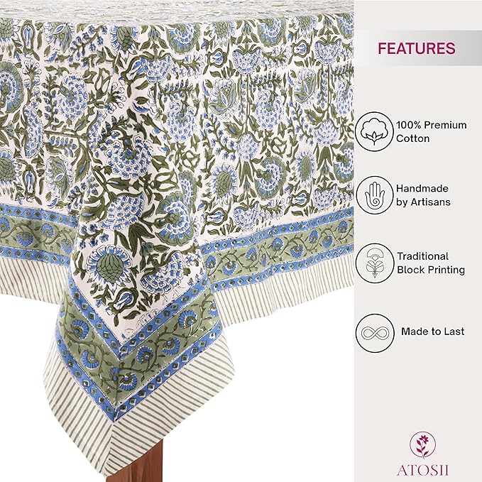 ATOSII Clover Blue 100% Cotton Rectangle Spring Tablecloth, Handblock Floral Linen Table Cloth for Kitchen Dining Table I Parties Weddings Outdoors Easter Home Decor 72 X 120 Inches I 10 Seater