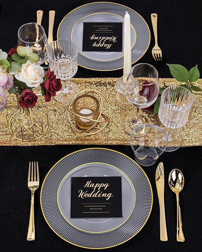 Hioasis 60pcs Clear Gold Plastic Plates - Gold Disposable Dinnerware Set, 30pcs Dinner 10.25in & 30pcs dessert 7.5in plates with striped designs for party & wedding