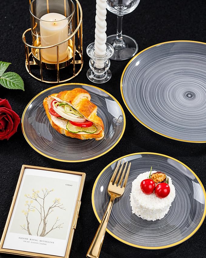 Morejoy 100Pcs Clear Plastic Plates,Clear Disposable Plates With Gold Rim,Heavy-duty Gold Plate, Modern swirl design Plate Include 50Clear Dessert-Platos,50Dinner-Platos for Party&Christmas