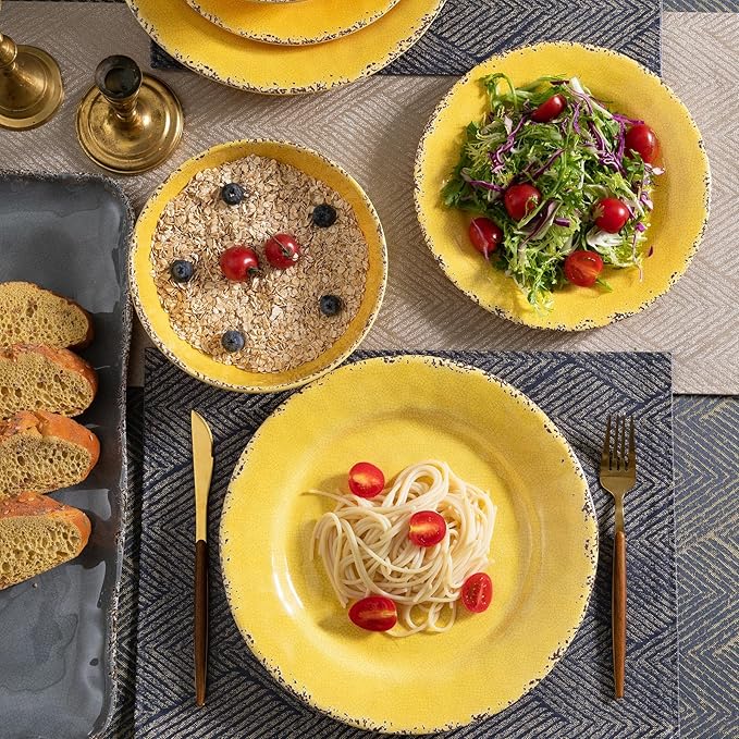 Farmhouse Melamine Dinner Plate Set, 6 Piece 11-inch Chip Resistant, Lightweight Round Kitchen Plates Set for Salad, Pasta –Unbreakable RV, Camping Dining Serving Dishes for Parties, Yellow…