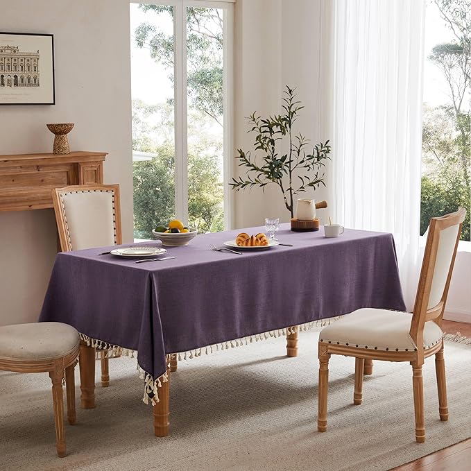 Linen Tablecloth with Tassels, Farmhouse Style Purple Tablecloth, Water Resistant Burlap Tablecloths for Square Table, 60x60 Inch Purple