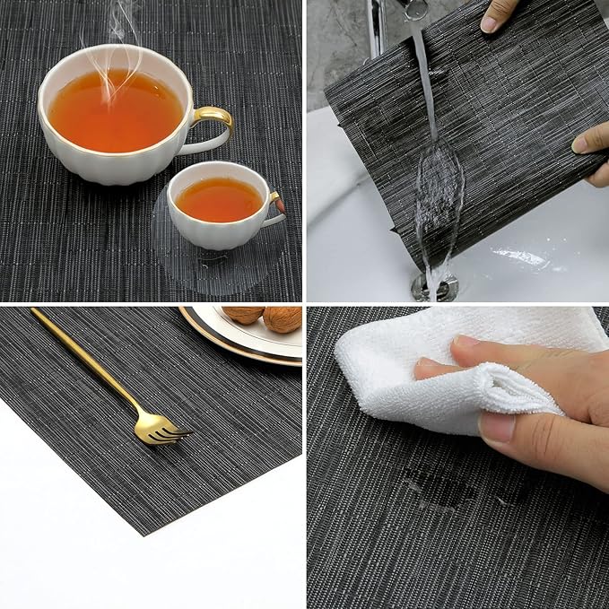 SHACOS Placemats Set of 4 Woven Vinyl Place Mats for Dining Table Wipe Clean Non Slip Table Mats (4, Black)