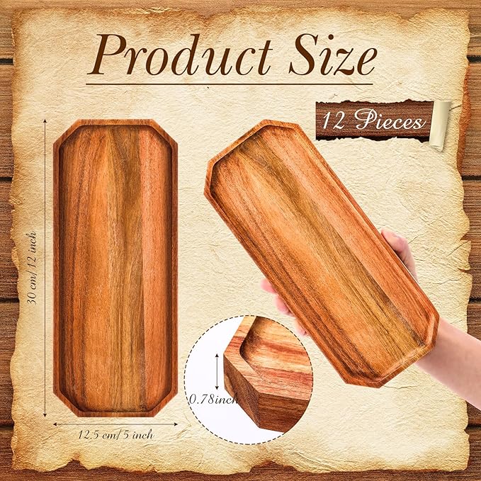 Dandat 12 Pack Wooden Serving Platter Acacia Wood Platters 12 x 5 Inch Rustic Serving Tray Rectangular Charcuterie Board Cheese Plate for Home Decor Dessert Vegetables Fruit Cookie