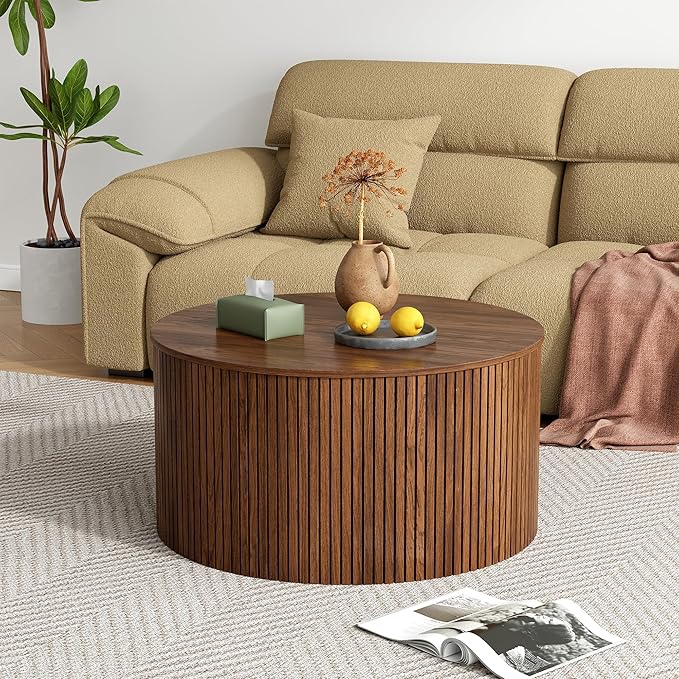 Mid Century Round Fluted Lift Top Coffee Table, Modern Center Table with Storage and Compartment, 2 Tier Small Circle Dining Table, for Living Room, Home Small Space, Walnut Oak-1