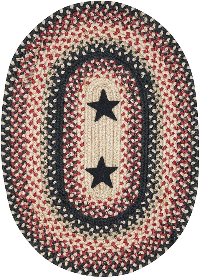 Homespice Primitive Star Gloucester Jute Braided Placemats, Warm Primitive Decor, Set of 4, Black and Red 13x19 Oval Table Mats - Vibrant Colors, Durable, Easy to Clean and Protects Furniture