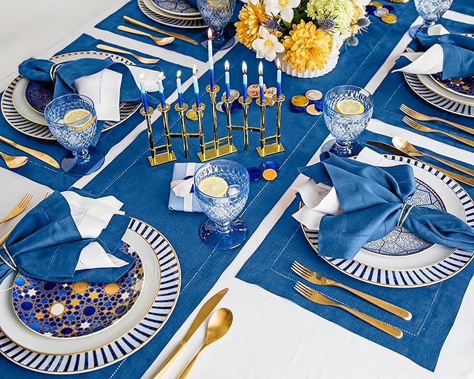 Solino Home Linen Table Runner 36 Inches - 100% Pure Linen Indigo Blue Hemstitch Table Runner 14 x 36 Inch Ideal for Dresser and Coffee Tables - Spring, Easter - Classic Hemstitch