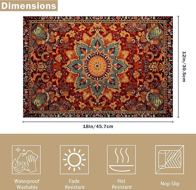 Ethnic Boho Placemats Set of 6, Southwest Orange Blue Teal Carpet Woven Texture Linen Washable Table Mats for Christmas, Thanksgiving, Party, and Dining 12x18 in