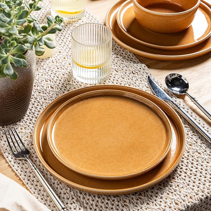 GBHOME Ceramic Dinnerware Sets for 8, 24 Pieces Stoneware Plates and Bowls Sets, Scratch Resistant Dishes, Dishwasher & Microwave Safe, Reactive Glaze-Amber