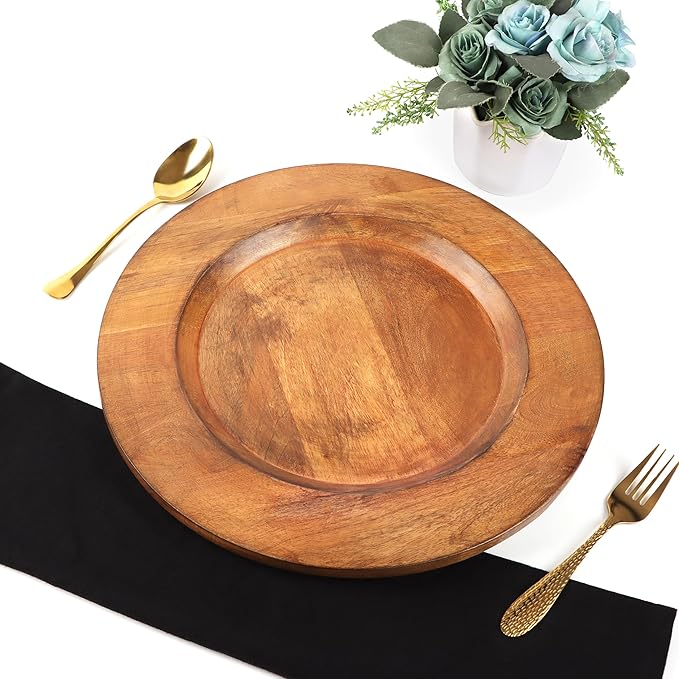 Alpha Living Home Wood Charger Plate Set of 2 - Round Serving Platters Rustic Chargers for Home Décor Charcuterie Appetizer & Dining - Hardwood Platter Handcrafted Versatile Durable 13 inch (Brown)