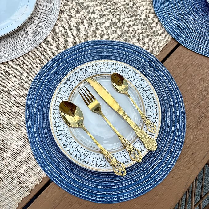 Blue Woven Placemats Set of 8,Washable Wipeable Woven TableMats Set of 8, Rattan Look Placemats,Blue ocen-Like placemats 15 Inch(Blue White)