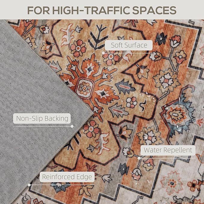 HOMCOM Washable Area Rug, 5'x7' Vintage Indoor Distressed Carpet, Retro Floor Cover Foldable, Floral Print Mat for Living Room, Bedroom, Dining Room, Tawny Brown