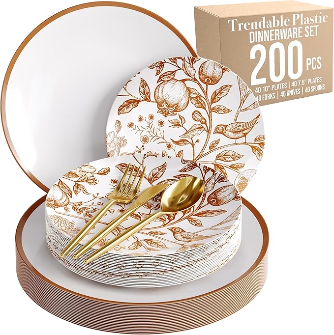 Trendables Fancy Plastic Dinnerware Sets 200 Pc Set 40 Guests Gold Silverware Disposable 40 X 10 Inch Charger Plates 40 X 8 Inch Dessert Plates 40 x Gold Plastic Forks and Spoons Knives In Pomegranate