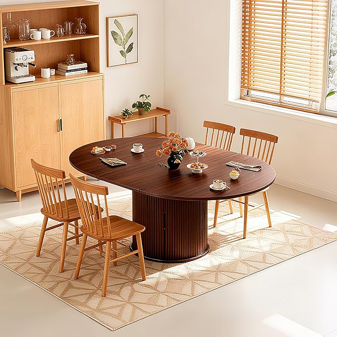 Extendable Round/Oval Dining Table Seats 2-4-6, 59" Modern Farmhouse Design with 2-Tier Storage & Fluted Slide Door, Dining Room Kitchen Furniture (Walnut, 59 inches)