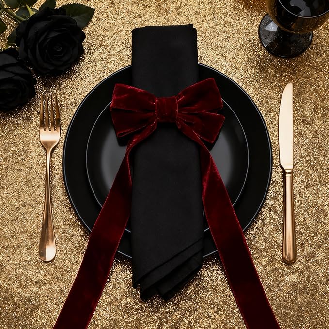 Bow Napkin Rings Set of 12 Luxury Soft Burgundy Velvet Napkin Holders, Elegant Bow Design for Christmas Holiday Dinner Wedding Party Table Decor