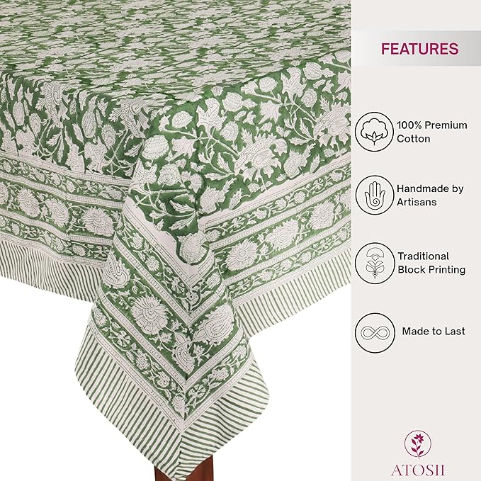 ATOSII Meraki Green 100% Cotton Rectangle Tablecloth, Hand Block Print Washable Table Cover, Dining, Christmas Parties, Outdoors, Weddings, Thanksgiving, Halloween, Fall Decor 60 X 90 Inches, 6 Seater