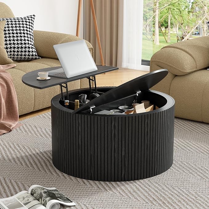 Round Fluted Lift Top Coffee Table, Mid Century Modern Center Table with Storage and Compartment, 2 Tier Small Circle Dining Table, for Living Room, Home Small Space, Black