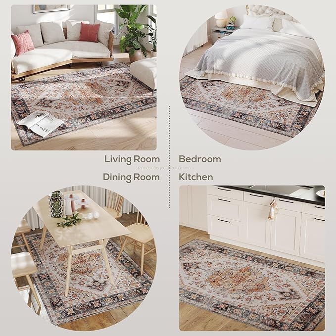 HOMCOM Washable Area Rug, 4'x6' Vintage Indoor Distressed Carpet, Retro Floor Cover Foldable, Floral Print Mat for Living Room, Bedroom, Dining Room, Tawny Brown