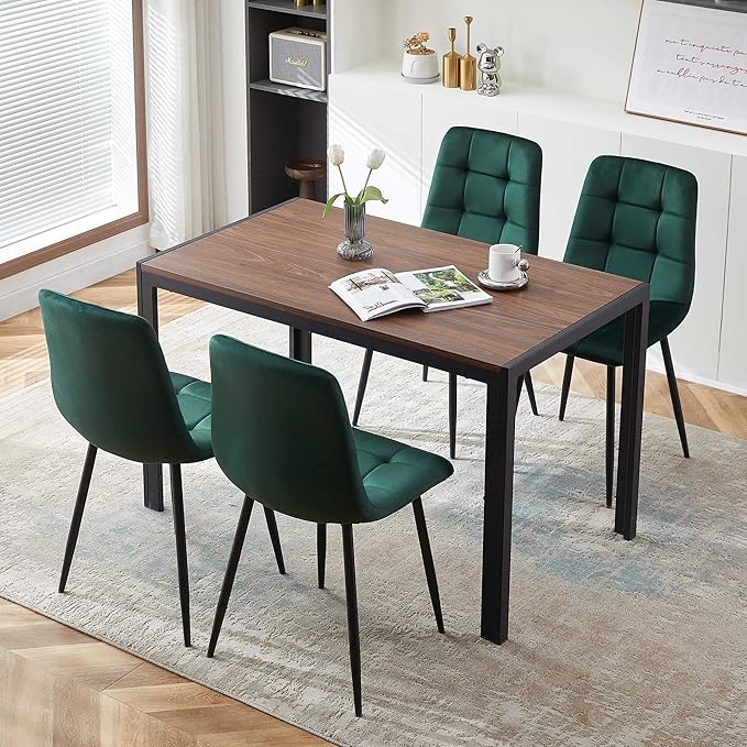 Modern Dining Room Set for 4, 5 Pieces Dining Table Set, Solid Walnut Table Imitation Wood with Sturdy Metal Frame&Legs, Comfy Velvet Dining Chair Armless for Space Saving, Stylish Dinette Set
