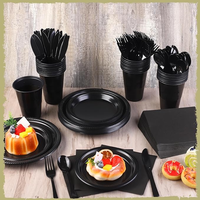 Kochorie 240 Pieces Black Plastic Dinnerware Set for 30 Guests Disposable Heavy Duty Plates Napkins Cups and Silverware Dessert Dinner Plates for Birthday Wedding Halloween Party Supplies