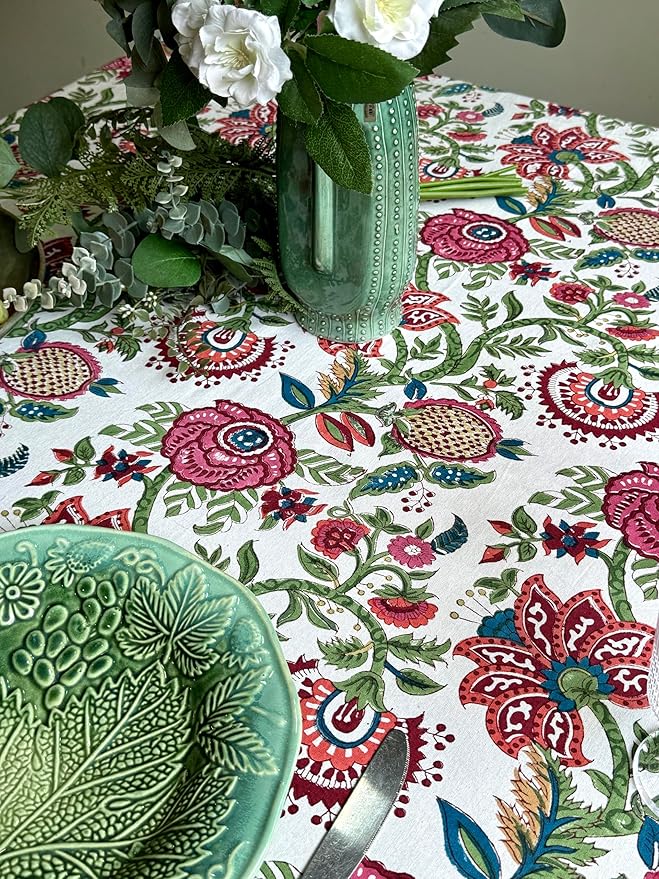 ATOSII Ruby 100% Cotton Square Summer Tablecloth, Block Print Floral Table Cloth for Dining Table, Parties, Weddings, Outdoors Grand Millenial Decor I 60 X 60 Inches I 4 Seater I