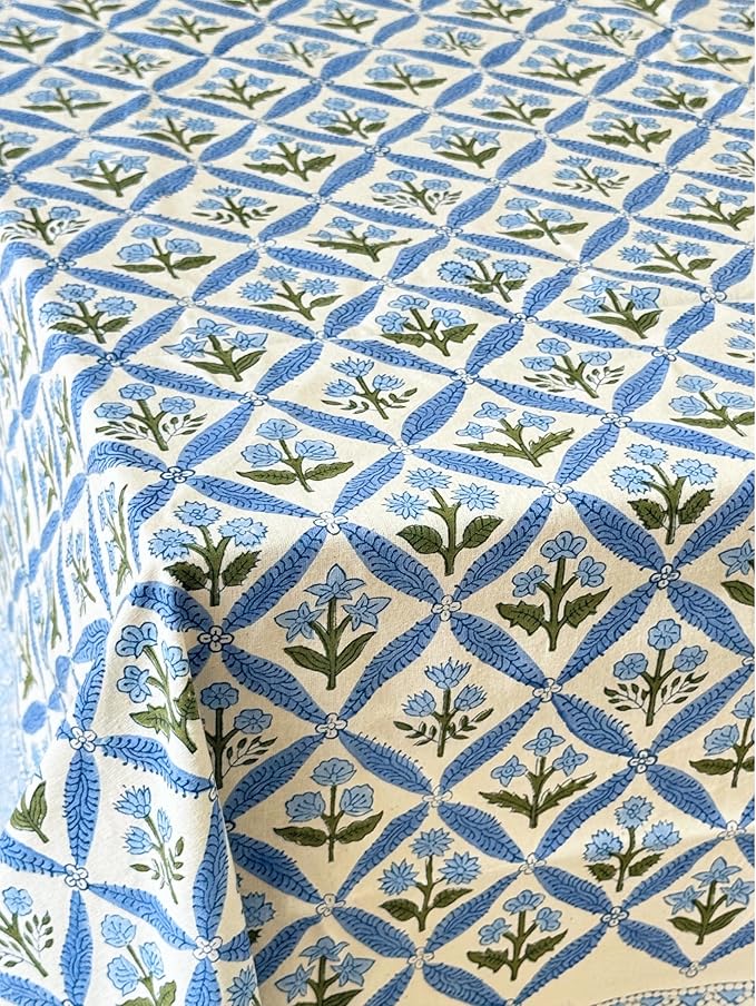 ATOSII Netta Blue 100% Cotton Rectangle Spring Tablecloth, Handblock Floral Linen Table Cloth for Kitchen Dining Table I Parties Weddings Outdoors Home Decor 72 X 120 Inches I 10 Seater