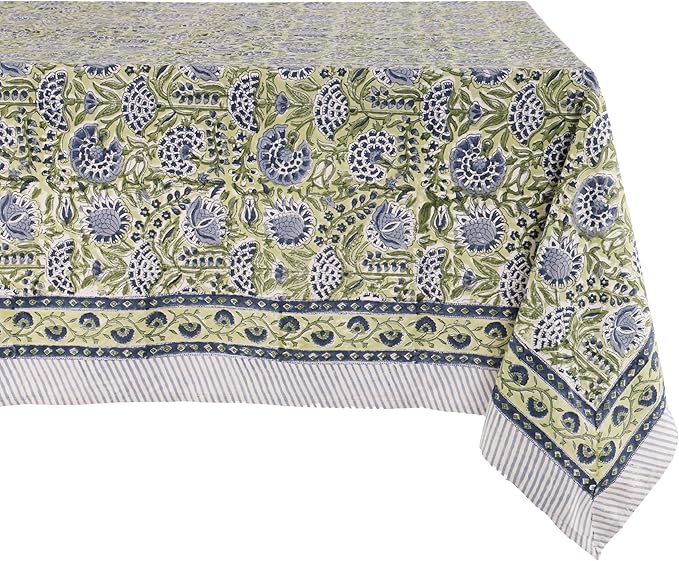 ATOSII Amara 100% Cotton Fall Tablecloth, Handblock Floral Print Rectangle Linen for Kitchen Dining I Parties Wedding Outdoors Picnics Easter I Spring Summer 72 X 120 Inches I 10 Seater Table