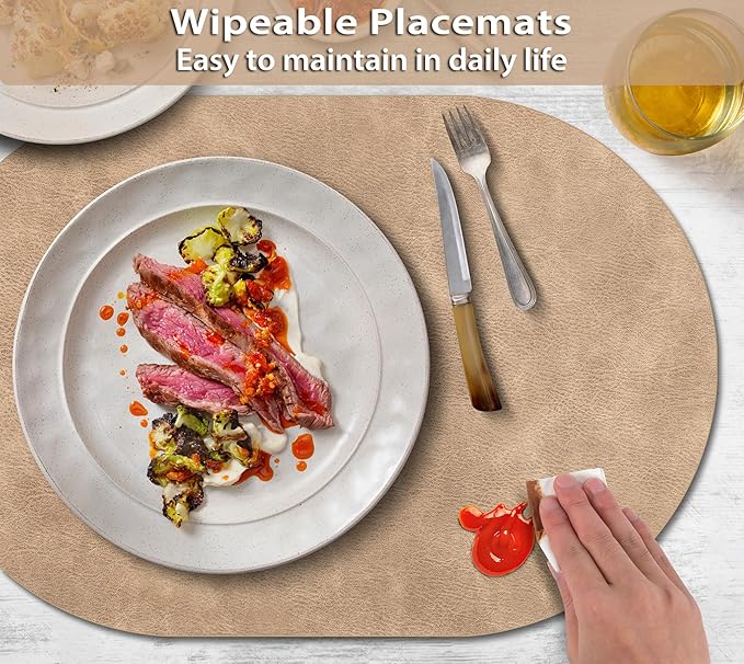 ADRIMER Placemats, Heat Resistant Oval Place Mats Set of 12 Washable 12 x 17 Inch, Waterproof Table Mats Set of 12, Wipeable Faux Leather Placemats for Kitchen, Dining Room, Apricot