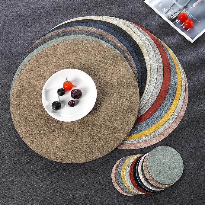 Myir JUN Round Placemats, Dual Sided Faux Leather Place Mats Set of 6 Indoor/Outdoor Non-Slip Washable Table Mats (Gray, Set of 6)