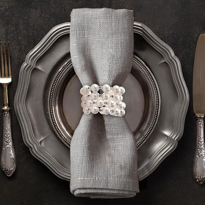 Decozen Set of 8 White Napkin Rings with Pearl Design, Festive, Table Decor Setting for Holiday, Wedding, Birthday, Kitchen, Home Decor, Housewarming Gift - Mothers Day Decorations