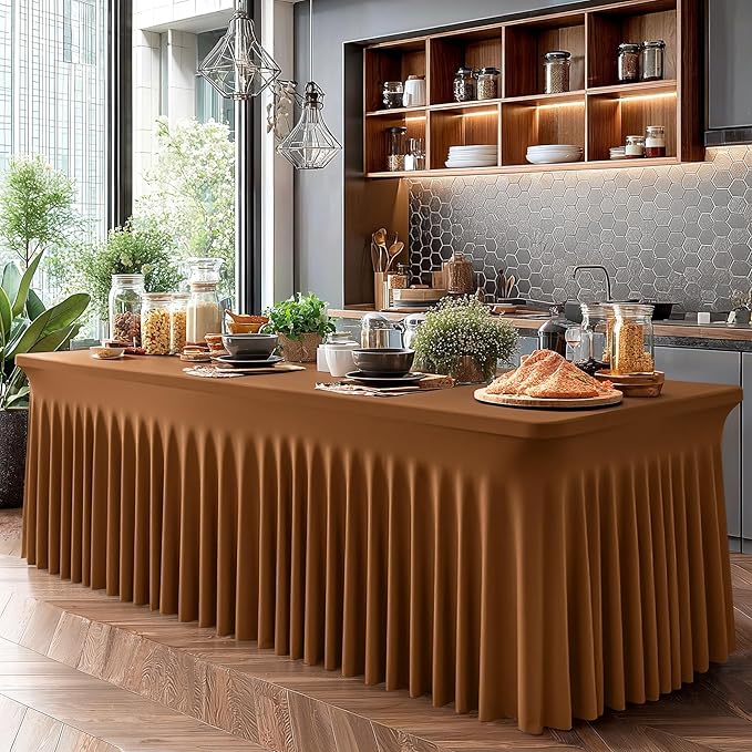 Wish Care 2 Pack Brown Spandex Table Clothes for 6 Foot Rectangle Tables, 6FT Wrinkle Free Fitted Tablecloths Ruffles Design Table Cover for Party, Banquet, Wedding and Events