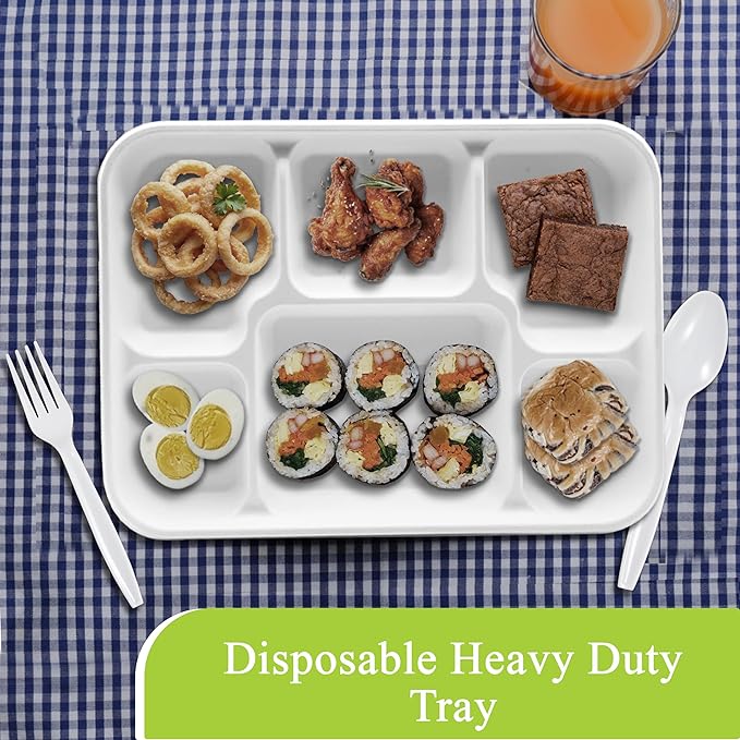 three leaf 6 Compartment Bagasse Tray 100 Ct. Heavy Duty, Super Strong,Eco Friendly Disposable Bagasse Plates,100% Biodegradable Plates, Microwave and Freezer Safe, Ideal for Party, Dinner and Picnic